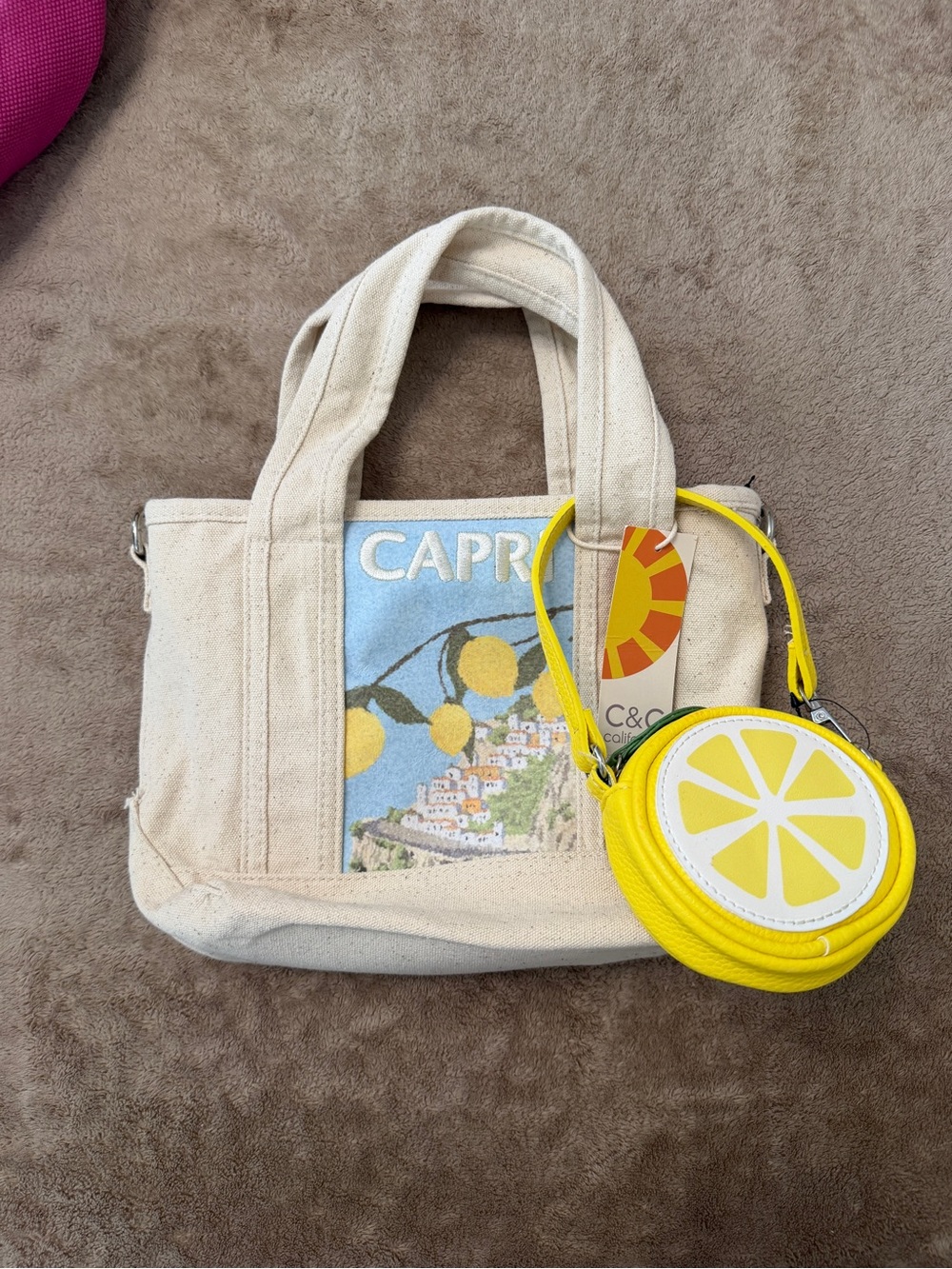 C&C California Neutral Canvas Capri Tote with Yellow Lemon Coin Purse